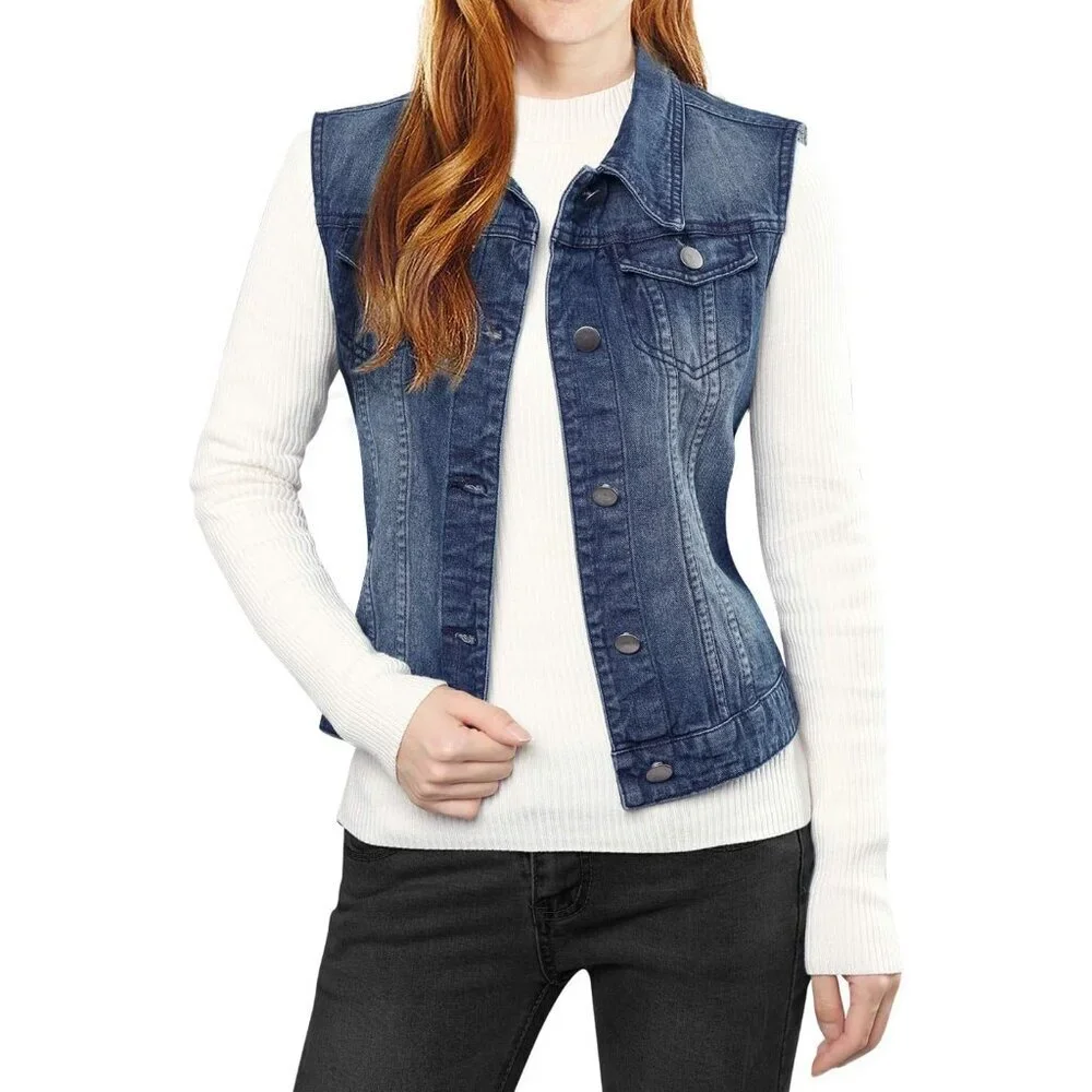 Women's Denim Vest Washed Blue Sleeveless Buttoned Pockets Casual